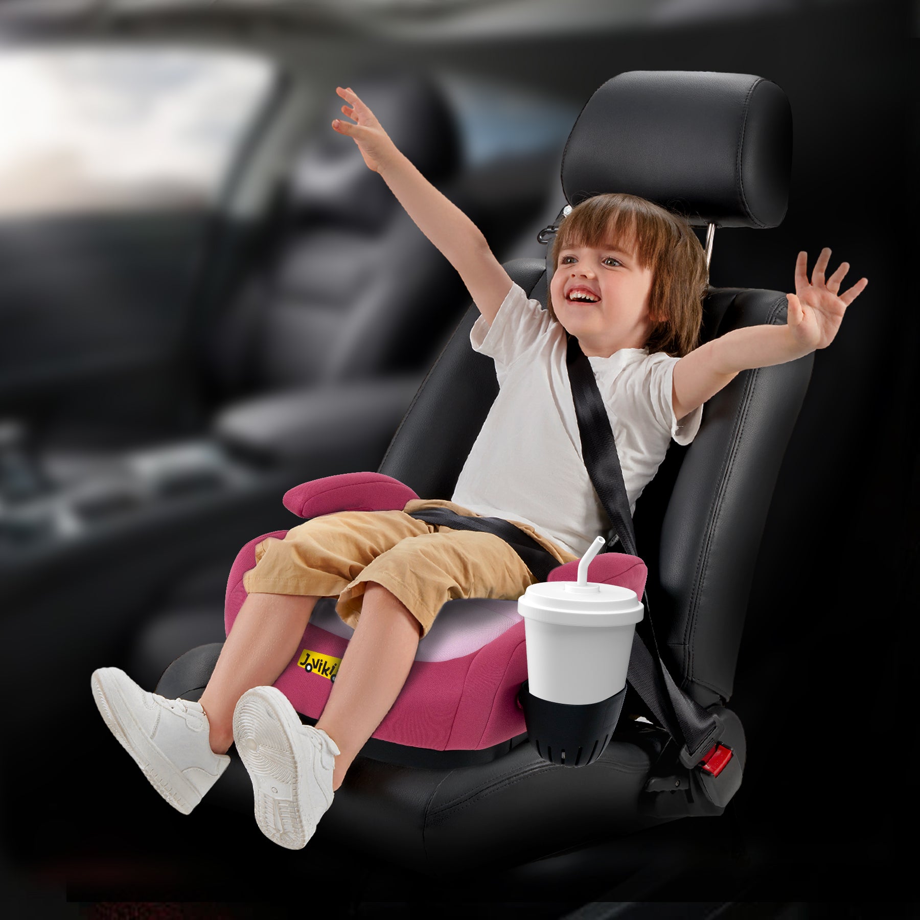 Jovikids OHHO+ Tragbarer Booster mit Getränkehalter, 125–150 cm, Rosa