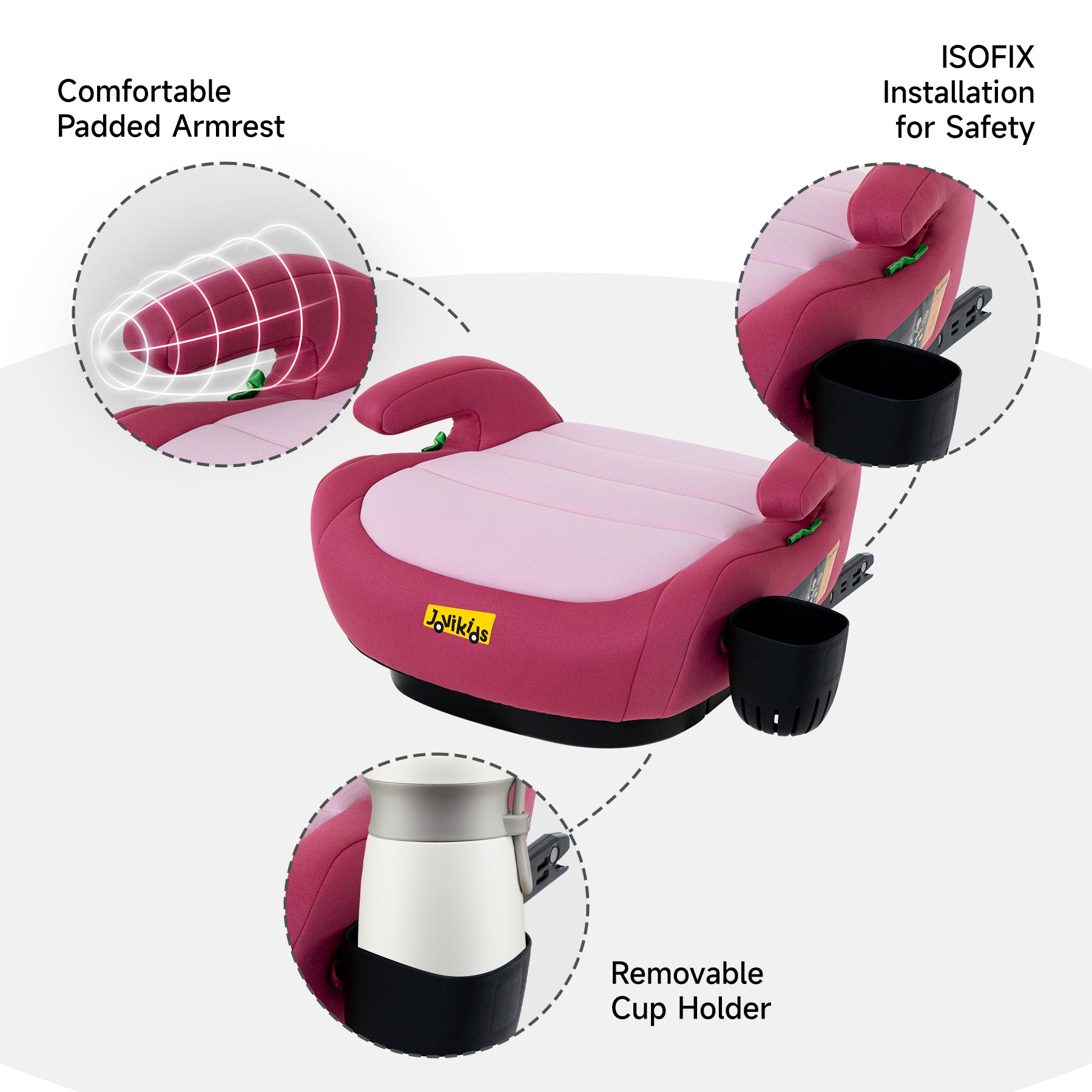 Jovikids OHHO+ Tragbarer Booster mit Getränkehalter, 125–150 cm, Rosa