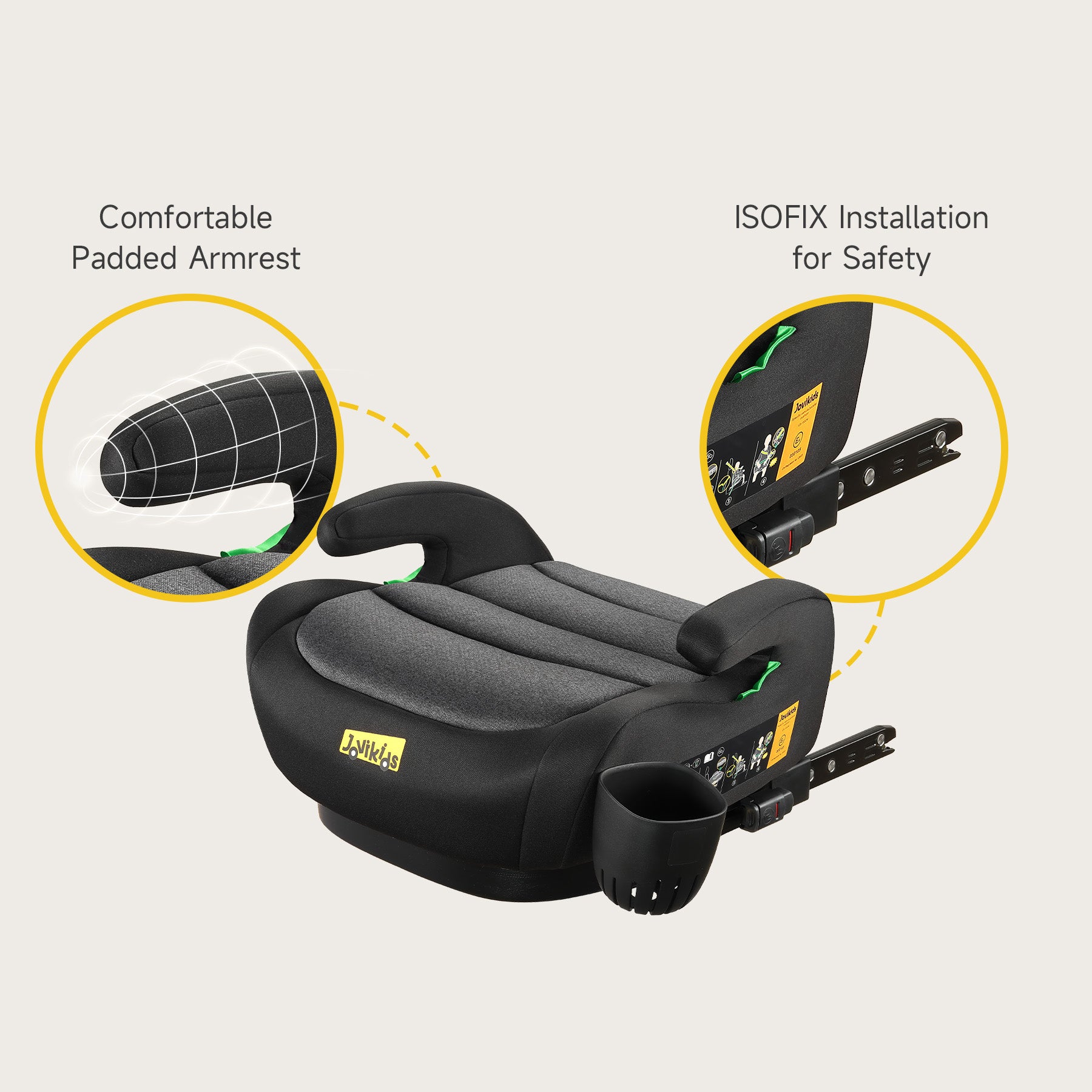 Jovikids ISOFIX Car Booster Seat, i-Size R129, 125-150 cm (6–12 Years), Seat Belt Guide, Lightweight, Removable/Machine-Washable Cover