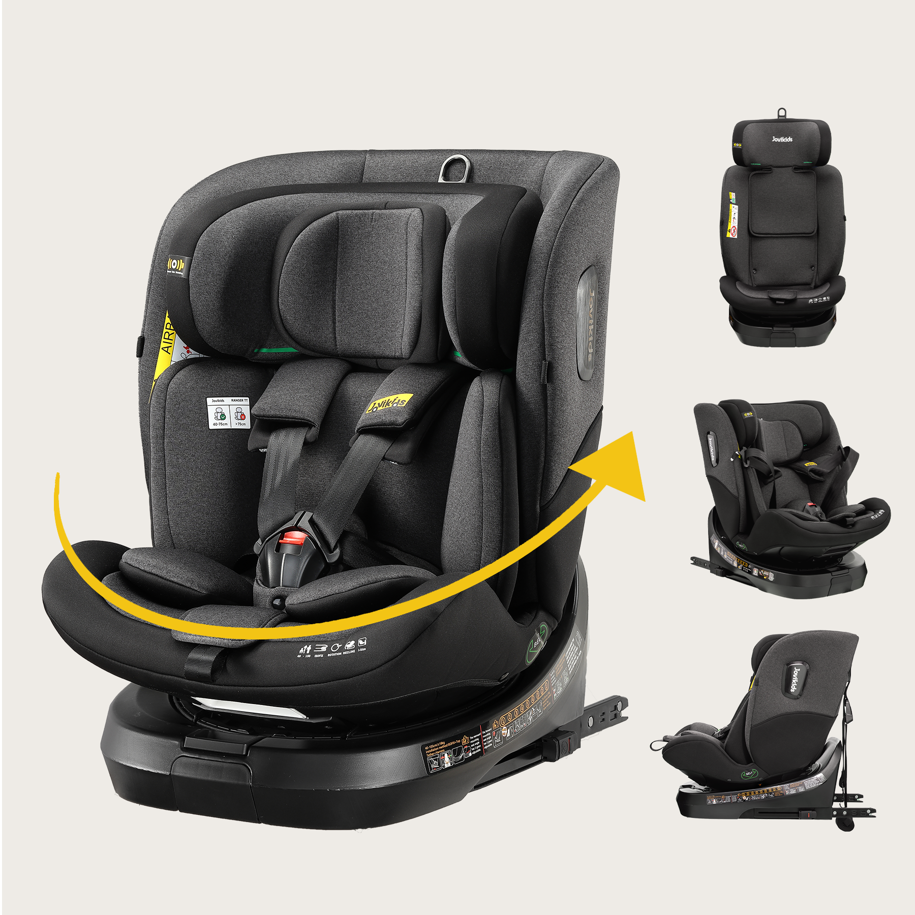 Jovikids 360° Rotating Car Seat i-Size, 40-150cm All-in-One with ISOFIX & Top Tether, ECE R129 (E4) Approved, Extended Rear-Facing, Adjustable Headrest, Side Protection for Newborn-12 Years