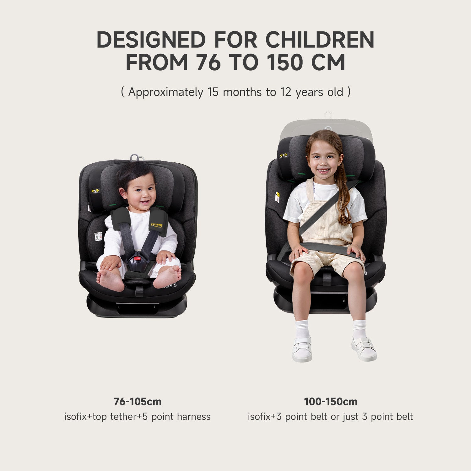Jovikids i-Size Car Seat 76-150cm, ECE R129 Approved Toddler Booster Seat with ISOFIX & Top Tether, 5-Point Harness, Adjustable Headrest & Recline, 15 Months-12 Years