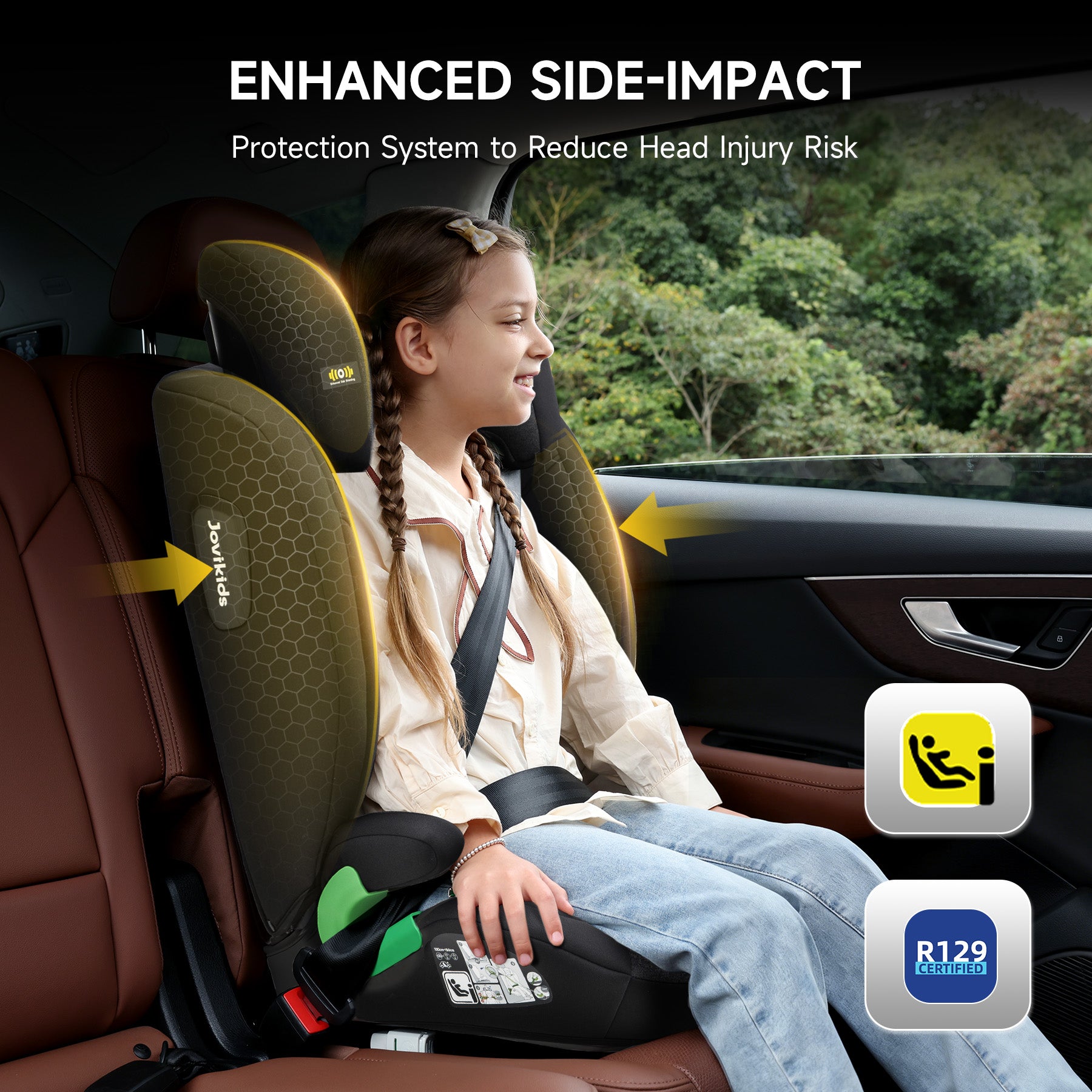 Jovikids Child Seat ISOFIX, i-Size R129 Suitable for 100-150cm (Approx. 3 to 12 years old) Child Car Seat with Fixing Guide, Cap and Seatbelt Clip