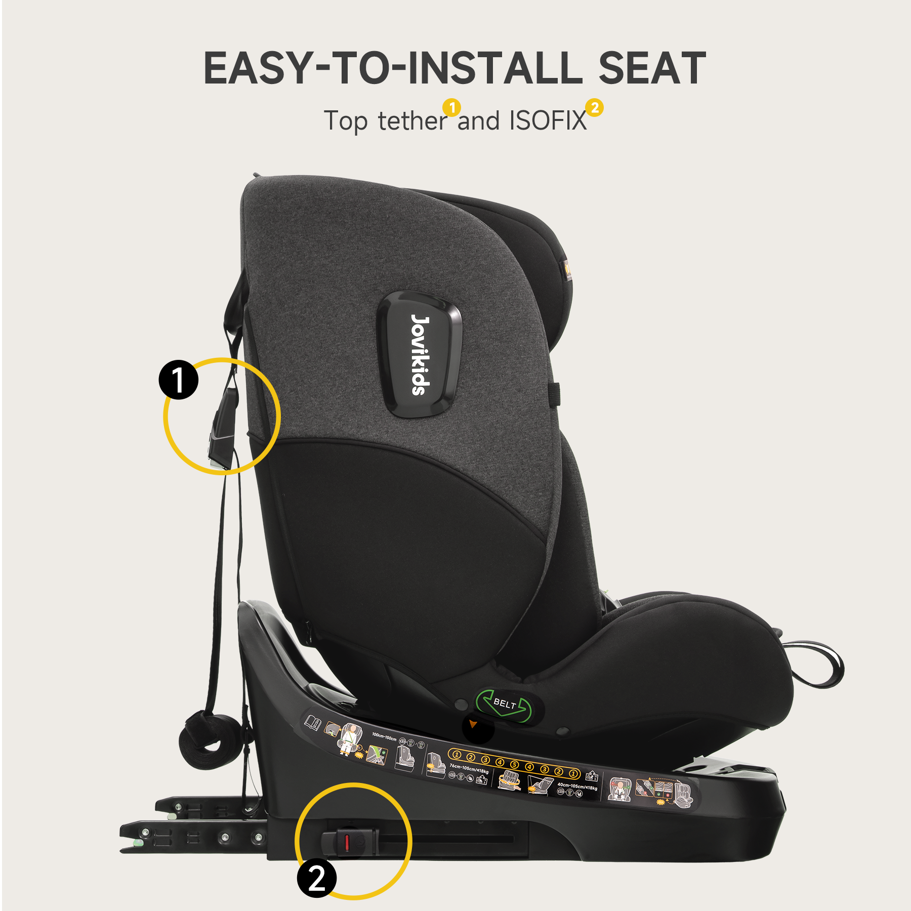 Jovikids 360° Rotating Car Seat i-Size, 40-150cm All-in-One with ISOFIX & Top Tether, ECE R129 (E4) Approved, Extended Rear-Facing, Adjustable Headrest, Side Protection for Newborn-12 Years