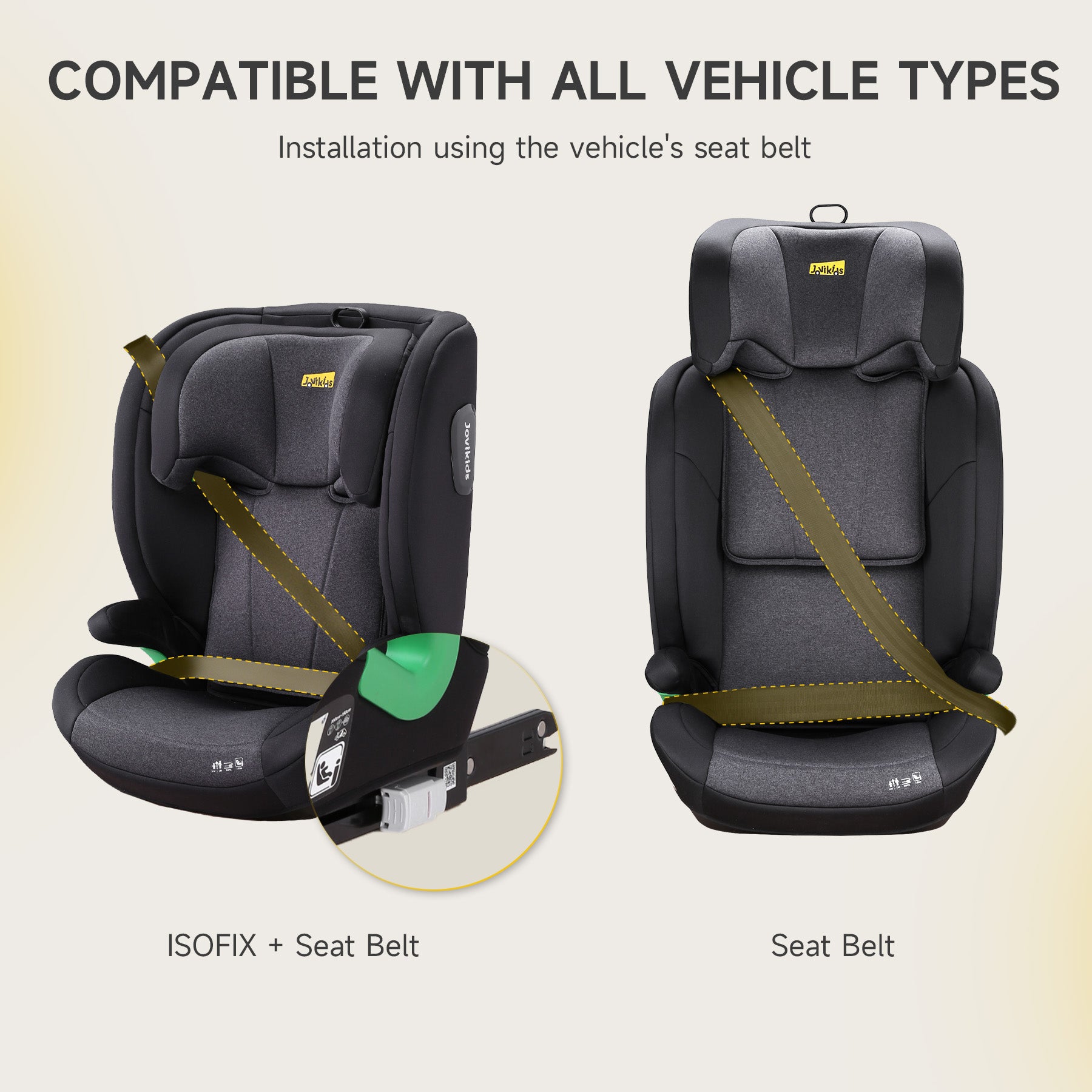 Jovikids Child Seat ISOFIX, i-Size R129 Suitable for 100-150cm (Approx. 3 to 12 years old) Child Car Seat with Fixing Guide, Cap and Seatbelt Clip