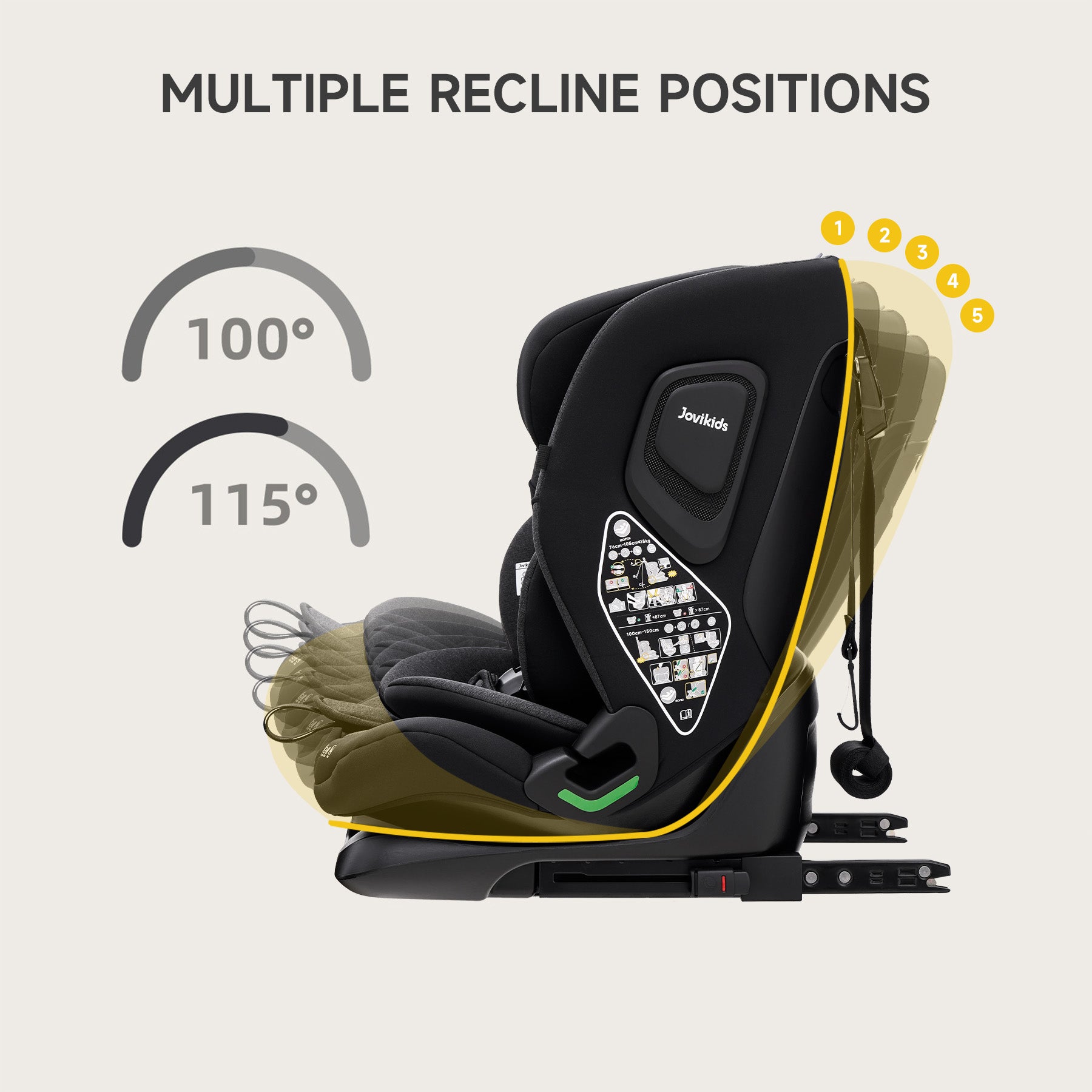 Jovikids i-Size Car Seat 76-150cm, ECE R129 Approved Toddler Booster Seat with ISOFIX & Top Tether, 5-Point Harness, Adjustable Headrest & Recline, 15 Months-12 Years