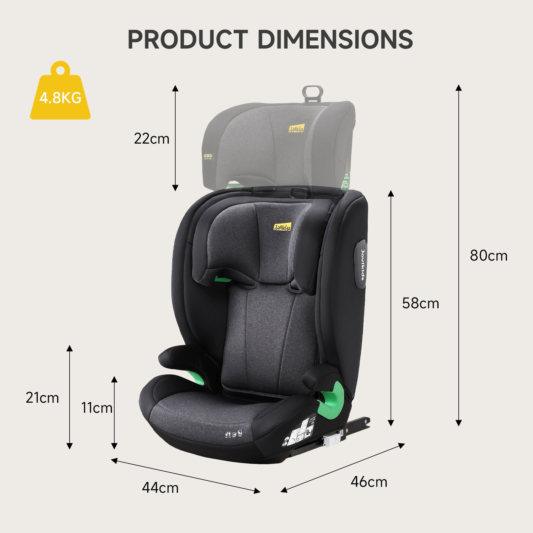 Jovikids Child Seat ISOFIX, i-Size R129 Suitable for 100-150cm (Approx. 3 to 12 years old) Child Car Seat with Fixing Guide, Cap and Seatbelt Clip