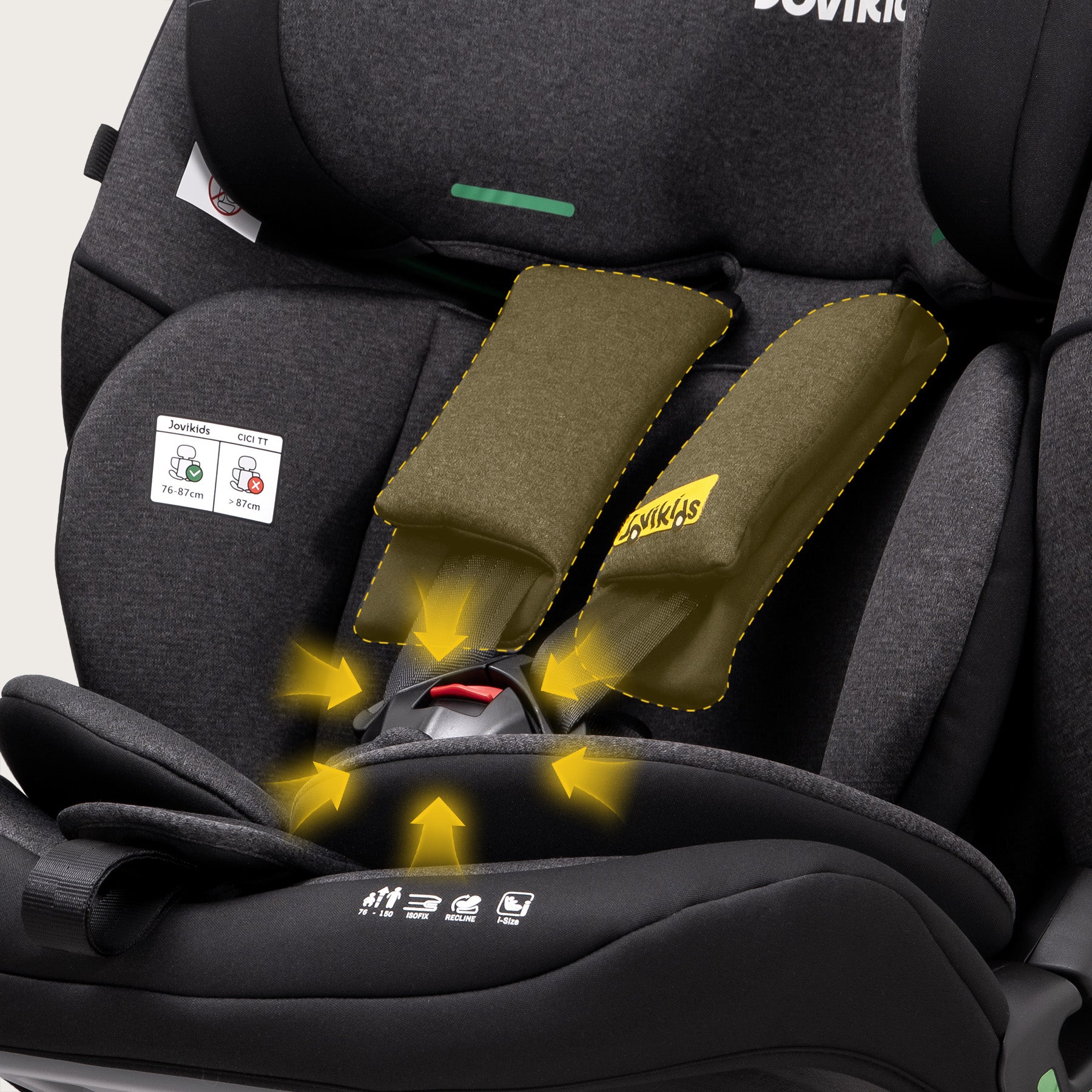 Jovikids i-Size Car Seat 76-150cm, ECE R129 Approved Toddler Booster Seat with ISOFIX & Top Tether, 5-Point Harness, Adjustable Headrest & Recline, 15 Months-12 Years