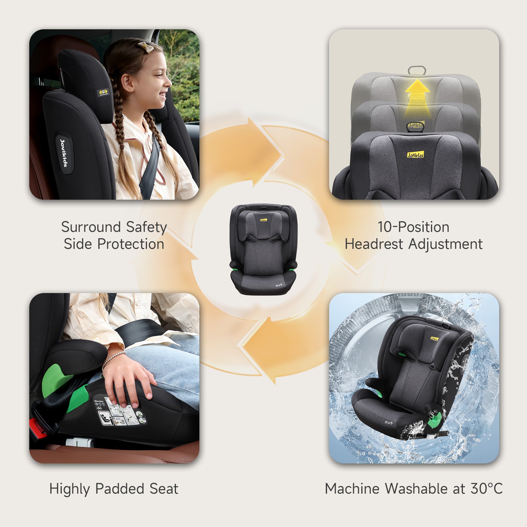 Jovikids Child Seat ISOFIX, i-Size R129 Suitable for 100-150cm (Approx. 3 to 12 years old) Child Car Seat with Fixing Guide, Cap and Seatbelt Clip