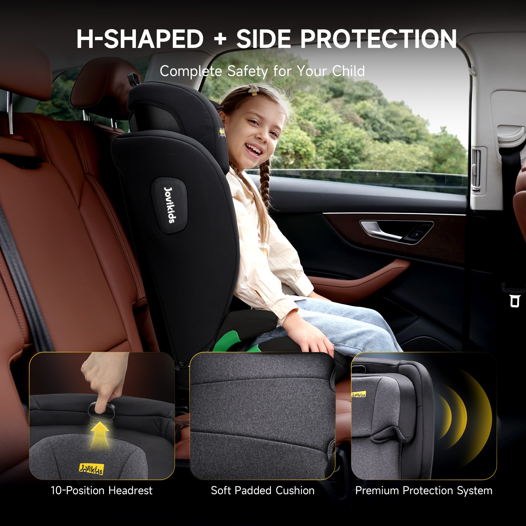 Jovikids Child Seat ISOFIX, i-Size R129 Suitable for 100-150cm (Approx. 3 to 12 years old) Child Car Seat with Fixing Guide, Cap and Seatbelt Clip